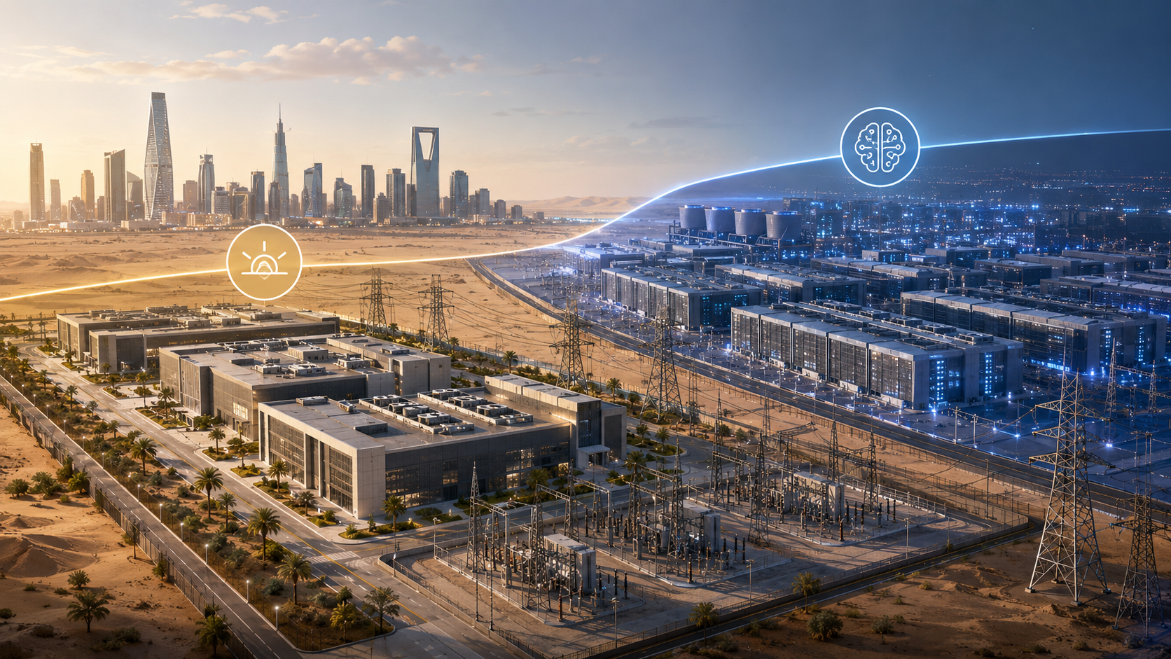 Editorial illustration of data centres and power infrastructure in Saudi Arabia representing the AWS Saudi Region and planned HUMAIN AI Zone