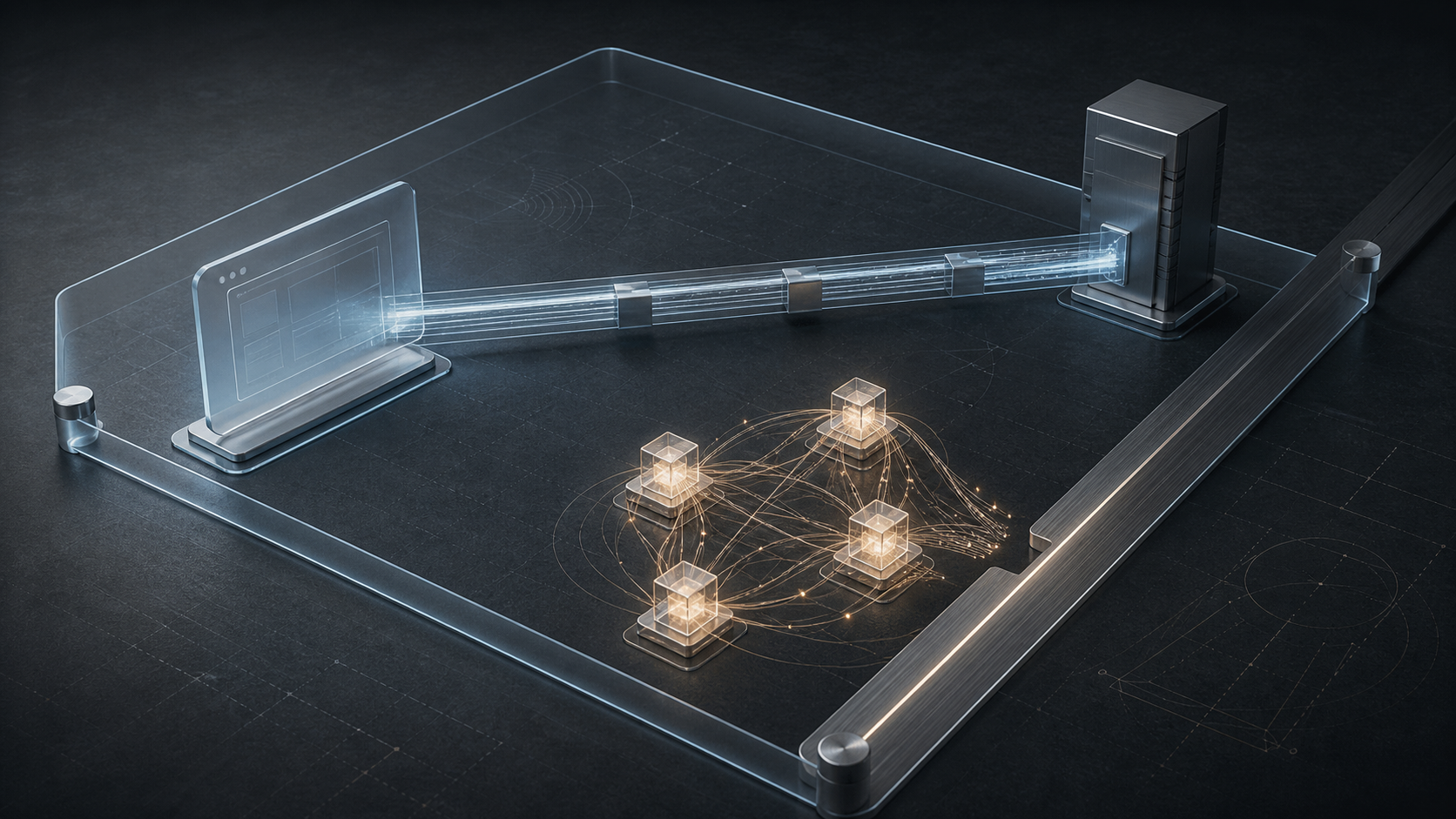 A solid blue corridor connects a glass browser terminal to a server inside a transparent boundary, while a separate amber peer cluster stops before a formal metal rail.