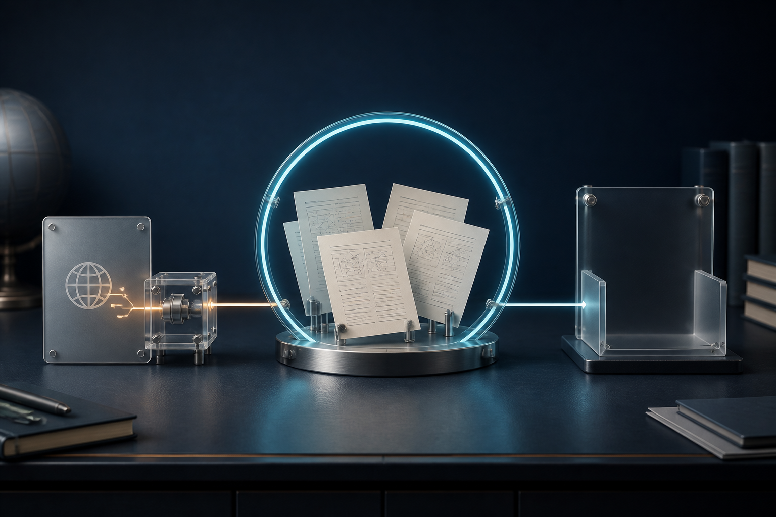A frosted external-dependency panel feeds a glowing open review ring of technical sheets; its line stops before an empty translucent publication slot.