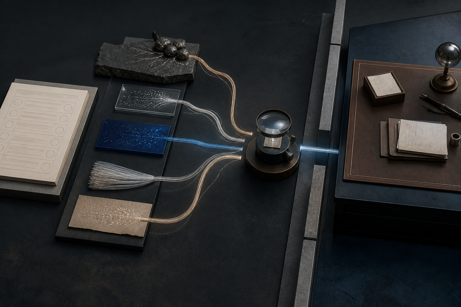 Wordless editorial tableau separates several key-material paths, a signature-verification instrument and an isolated application decision desk.