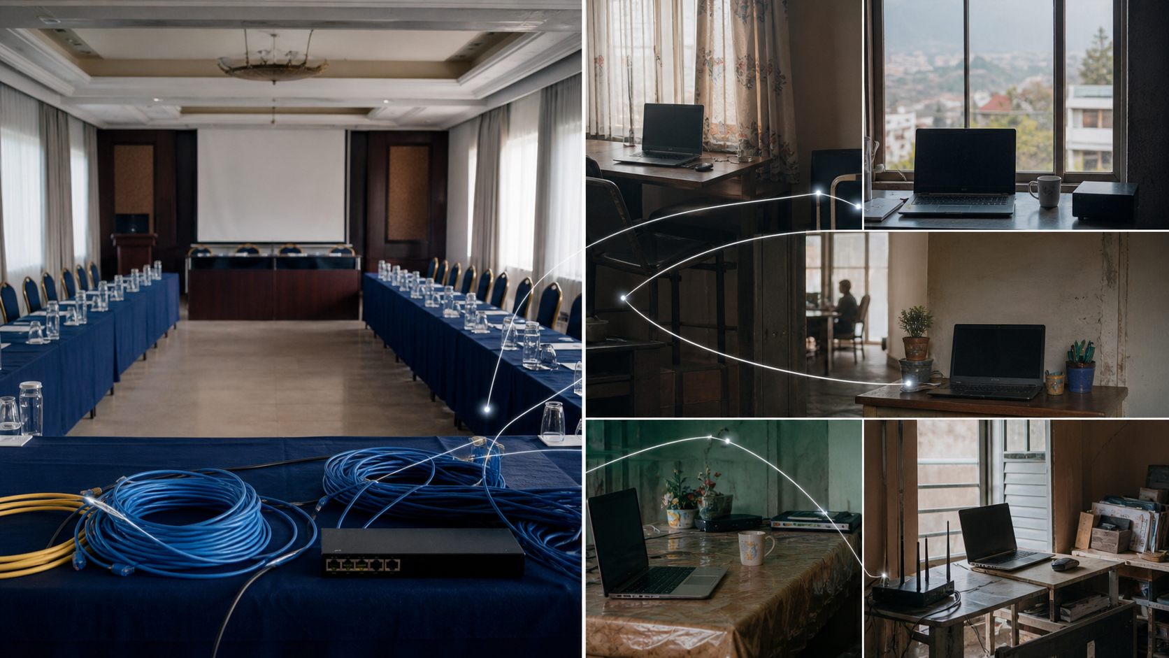 An empty conference room beside modest remote workstations, illustrating npNOG’s shift from a physical venue to an online event.