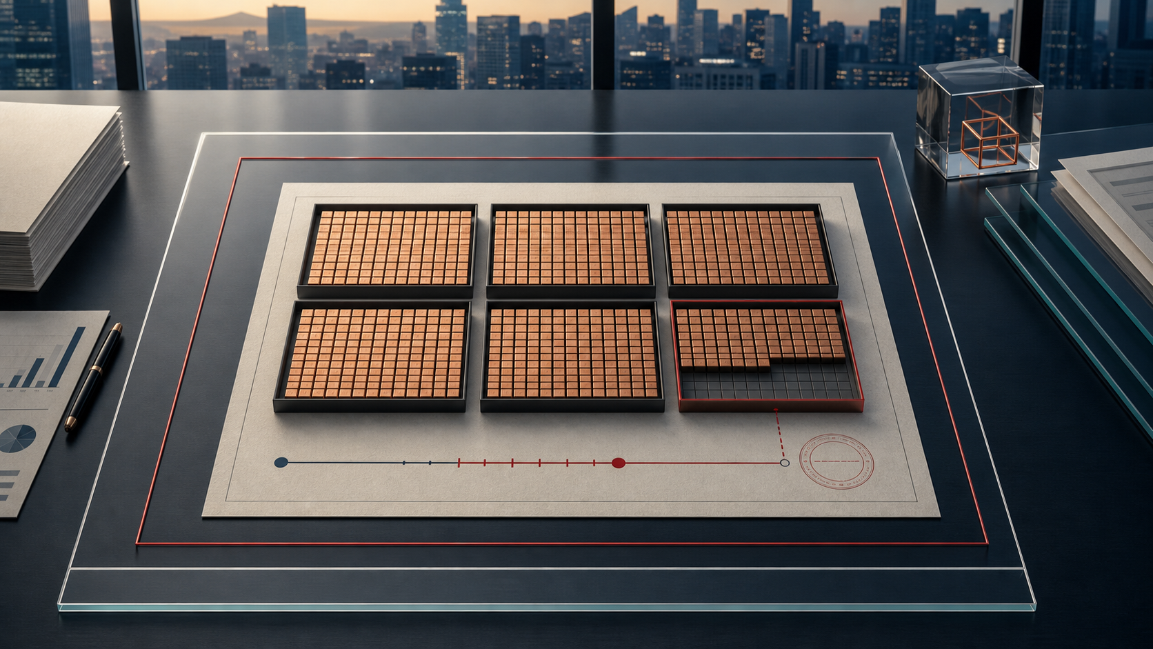 Rows of copper share tiles sit inside two glass authorization frames, with the final 100-slot tray half filled to show ITOCHU's 50-share allocation difference.