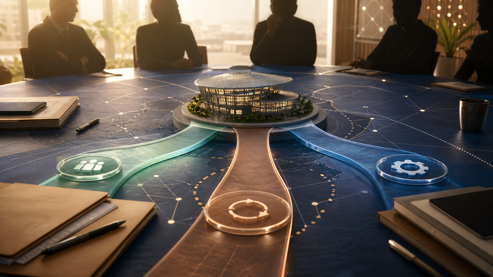 Three translucent decision paths converge on a conference venue model before a group of anonymous planners.
