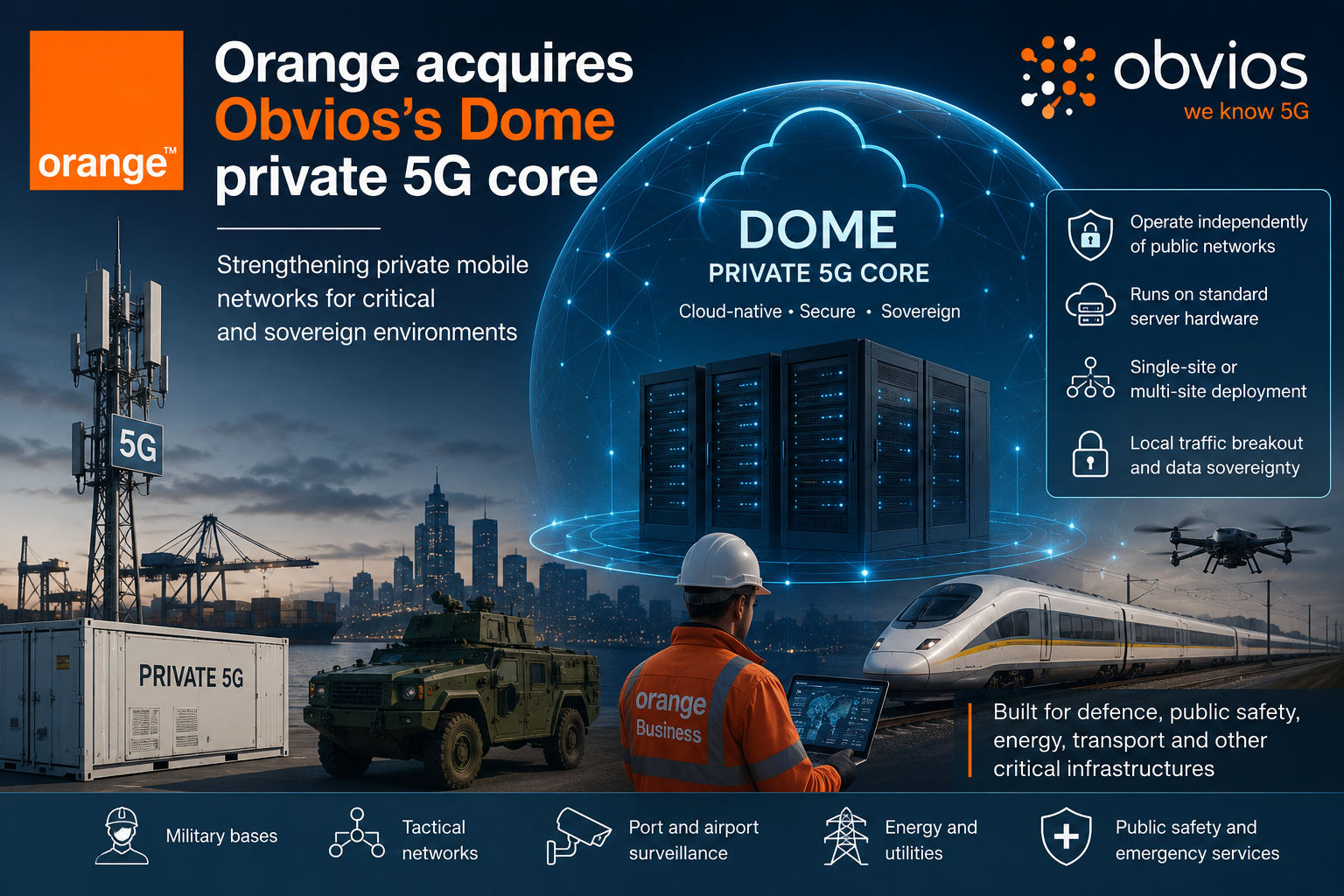 Editorial illustration showing Orange Business, private 5G infrastructure and server systems representing the acquisition of Obvios's Dome 5G core technology.