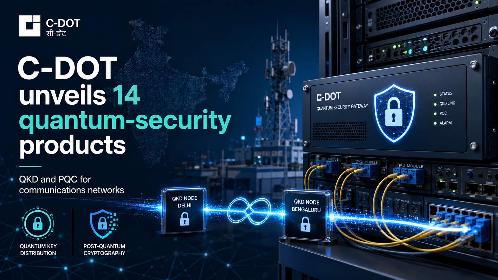 AI-generated editorial illustration of C-DOT quantum-security equipment, telecom infrastructure and fibre-linked QKD nodes over a map of India