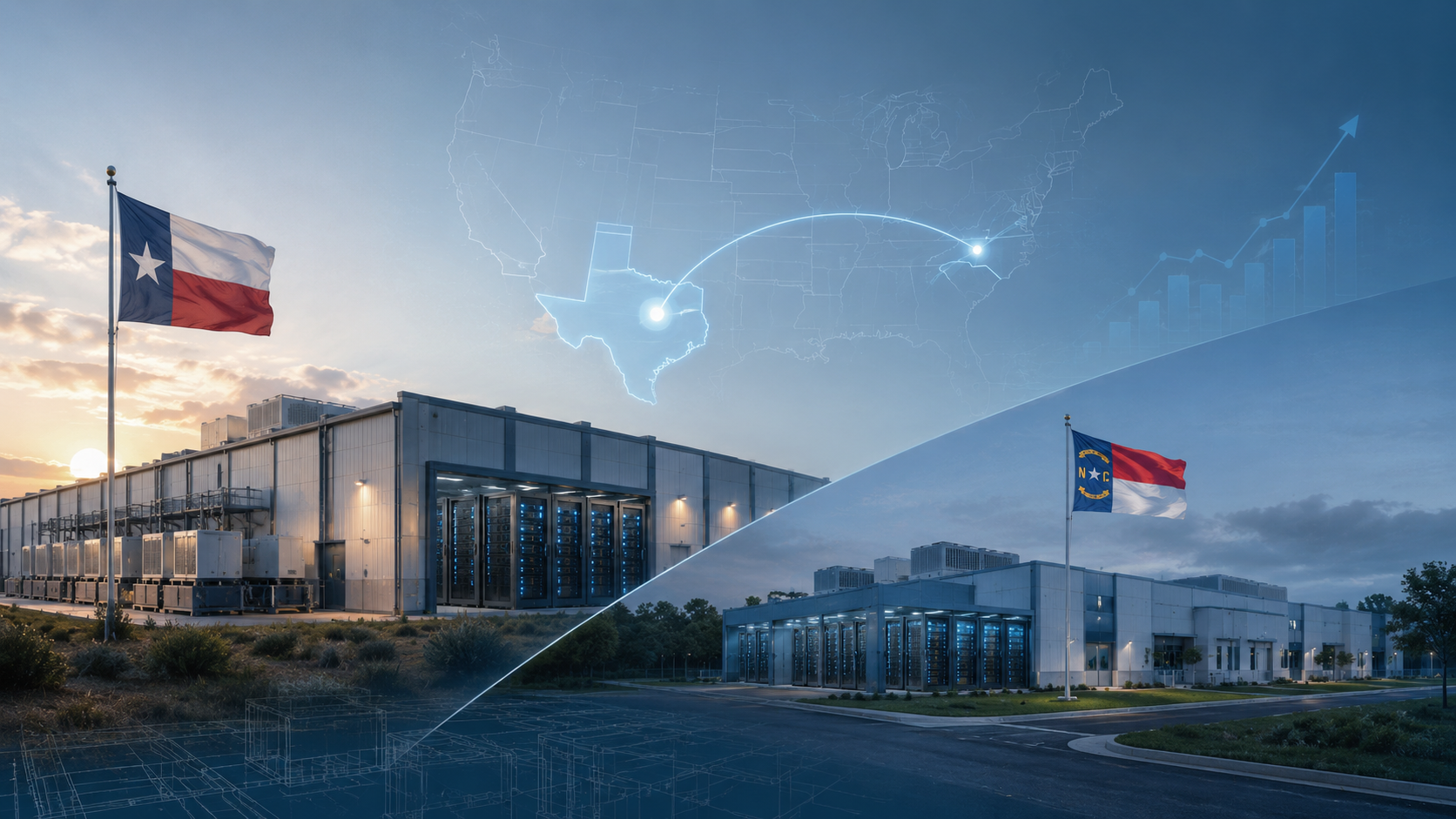 AI-generated editorial illustration of AI data centres in Texas and North Carolina representing Nscale's $3bn financing