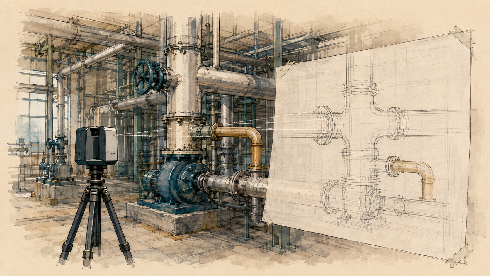An imagined older industrial plant, a survey scanner and a corresponding drafting view of a pipe junction.