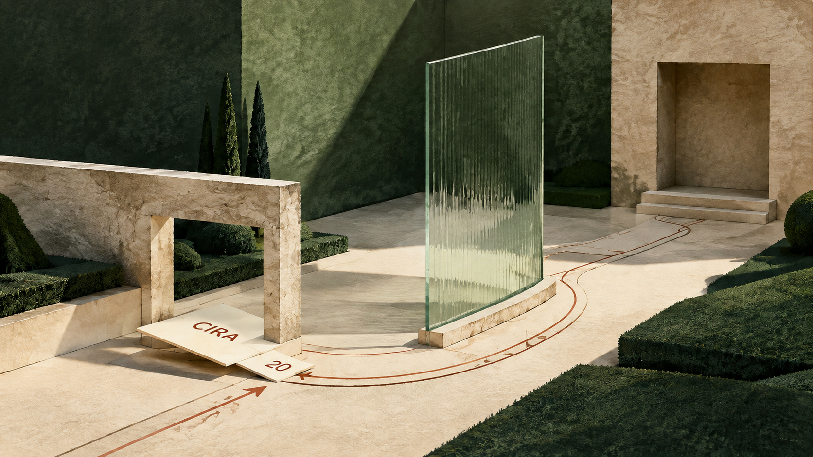 CIRA and 20 cards at a stone threshold, with a separate glass screen on the route beyond