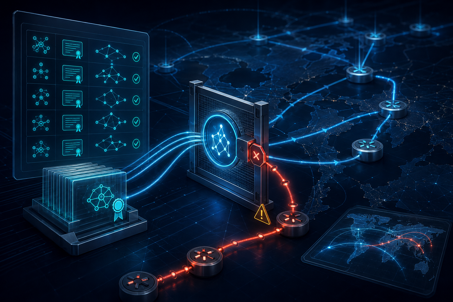 Editorial illustration of an ASPA certificate ledger and a route-leak path stopped at a router policy gate.