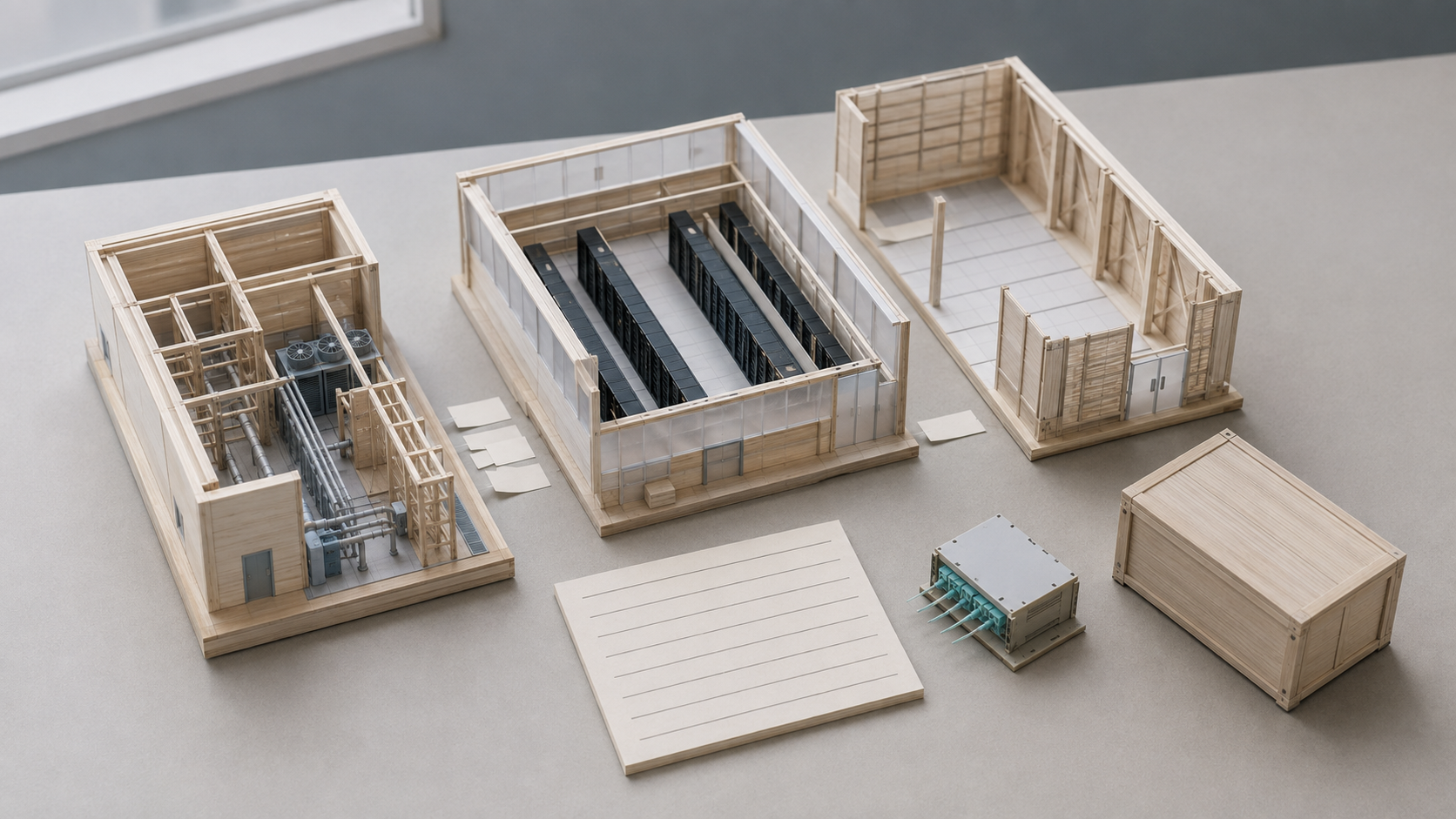 A conceptual basswood data-centre model is divided into utility, fitted-hall and open acceptance stages beside a blank checklist and fibre module.
