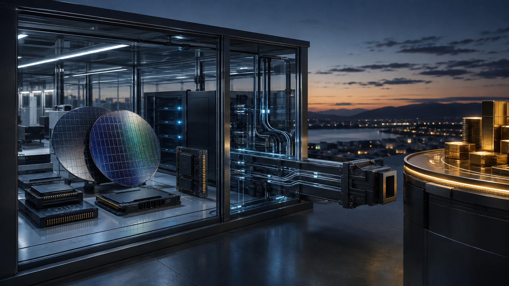 NAND wafers and storage modules sit inside a glass enclosure beside a disconnected bridge to a gold-lit platform.
