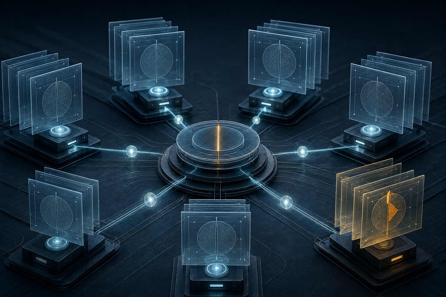 Abstract compute nodes send scores to a central selector while one amber manifest plate reveals a version mismatch