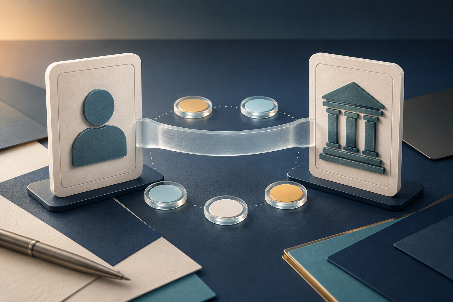 A person card and institution card are connected by an unlabeled bridge with empty relationship tokens.