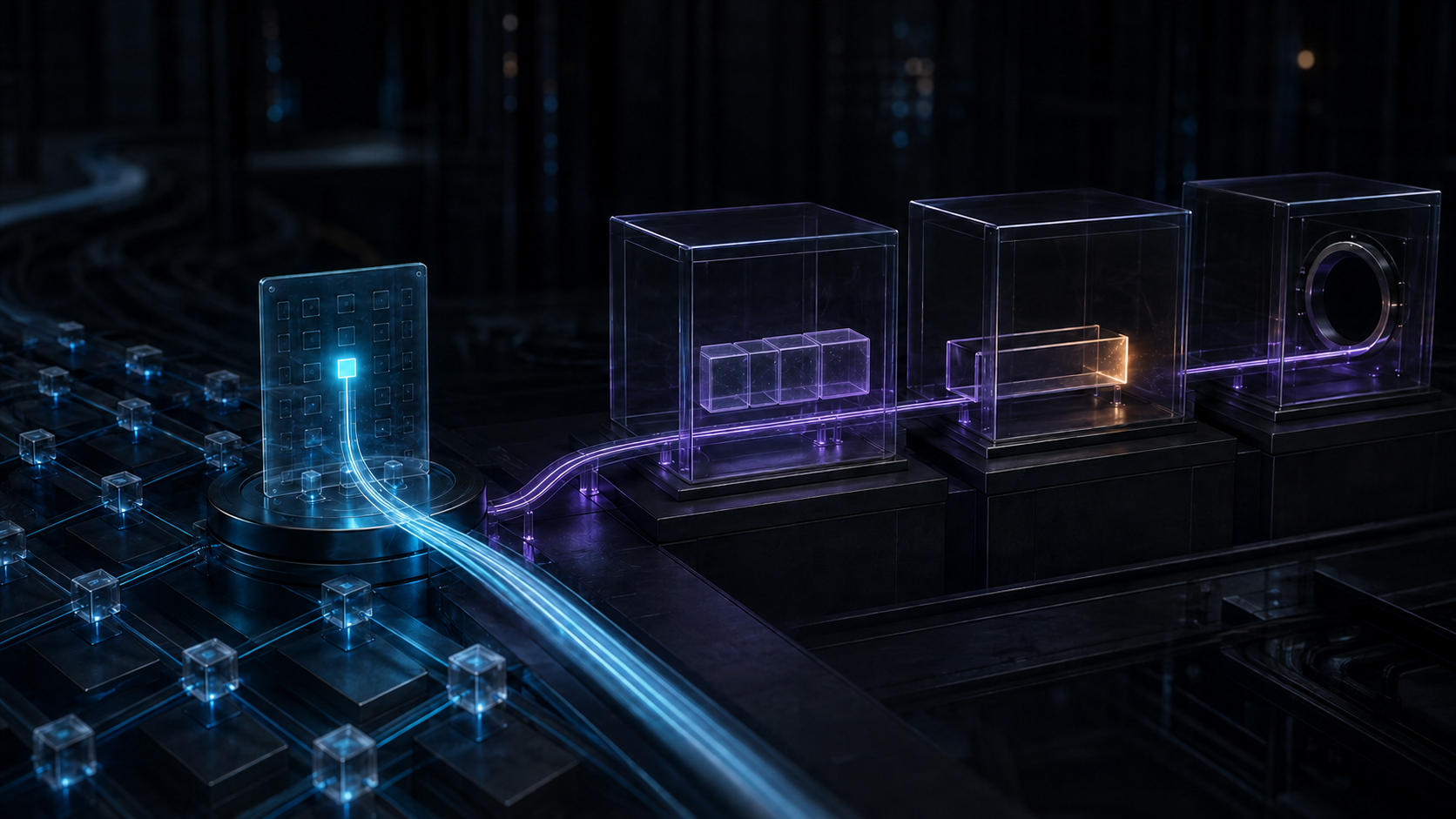 A cyan preference signal leaves an address lattice and reaches separate glass chambers for prefix resources, routing and final delivery, whose later stages remain unresolved.