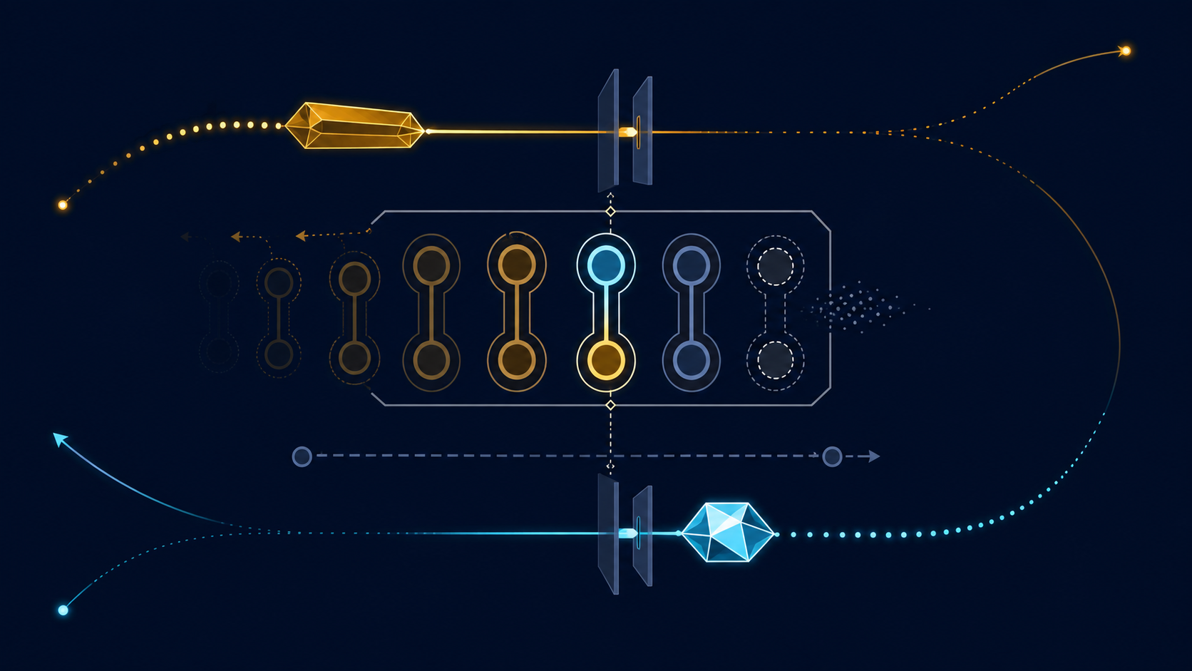 Two staggered amber and cyan packet paths cross transmission apertures around a finite bank of paired association states, with one highlighted match, fading entries and a separate fallback lane.