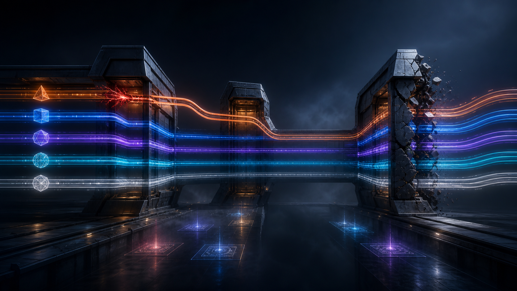 Parallel luminous virtual service paths cross shared physical gateways; one isolated path reroutes while a separate gateway fracture affects only its associated bundle.