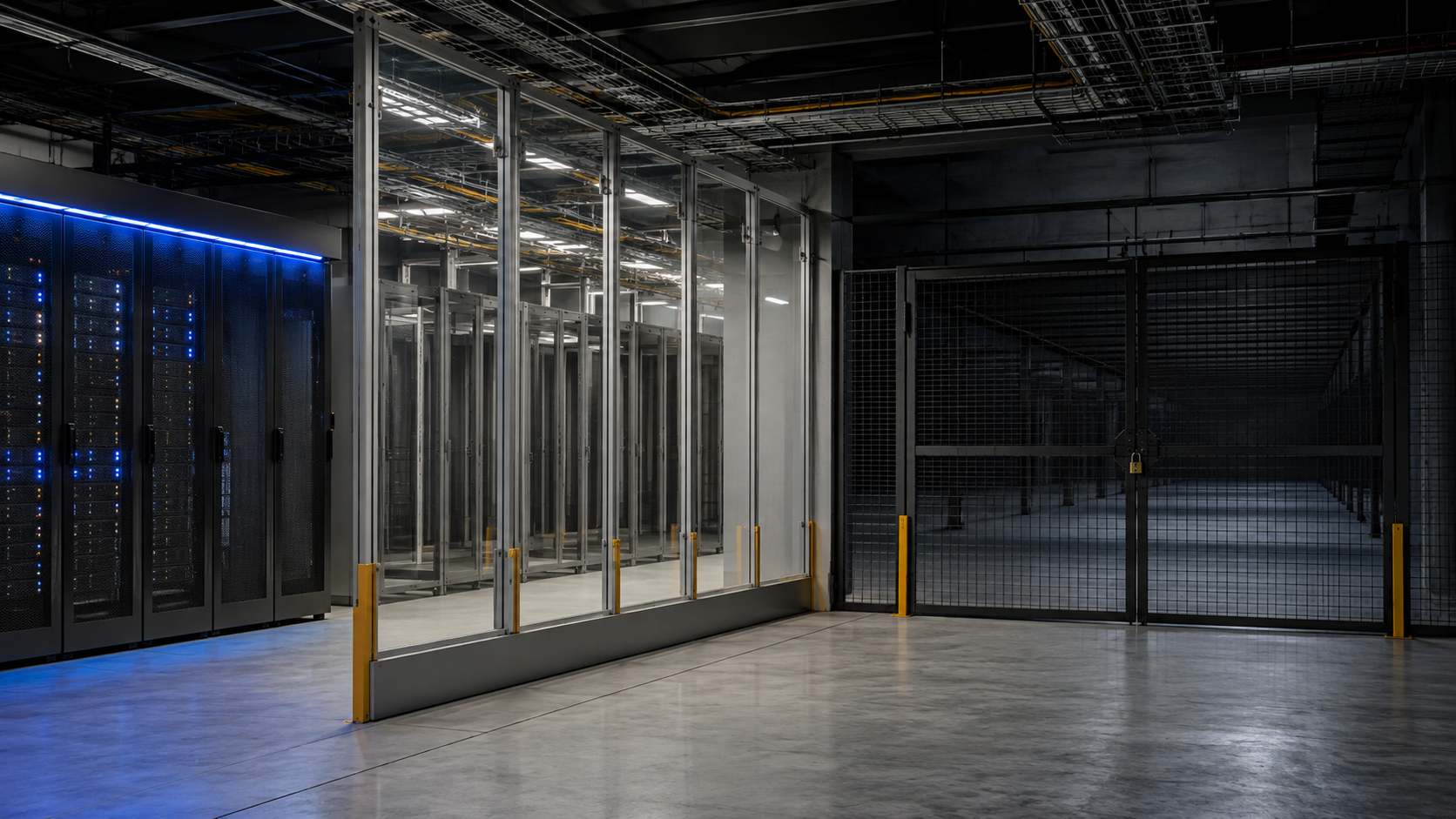 A small active row of generic data-centre racks stands beside empty prepared bays behind a transparent barrier and a locked dark hall.