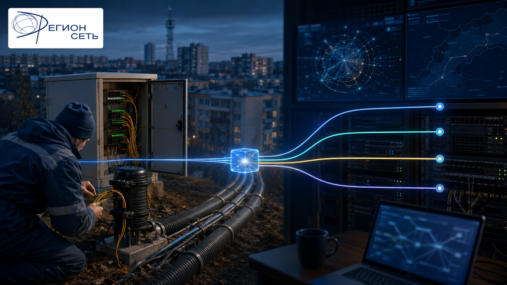 Regionset-branded editorial illustration of a technician at a regional fibre handoff, with four abstract network traces sharing infrastructure before diverging.