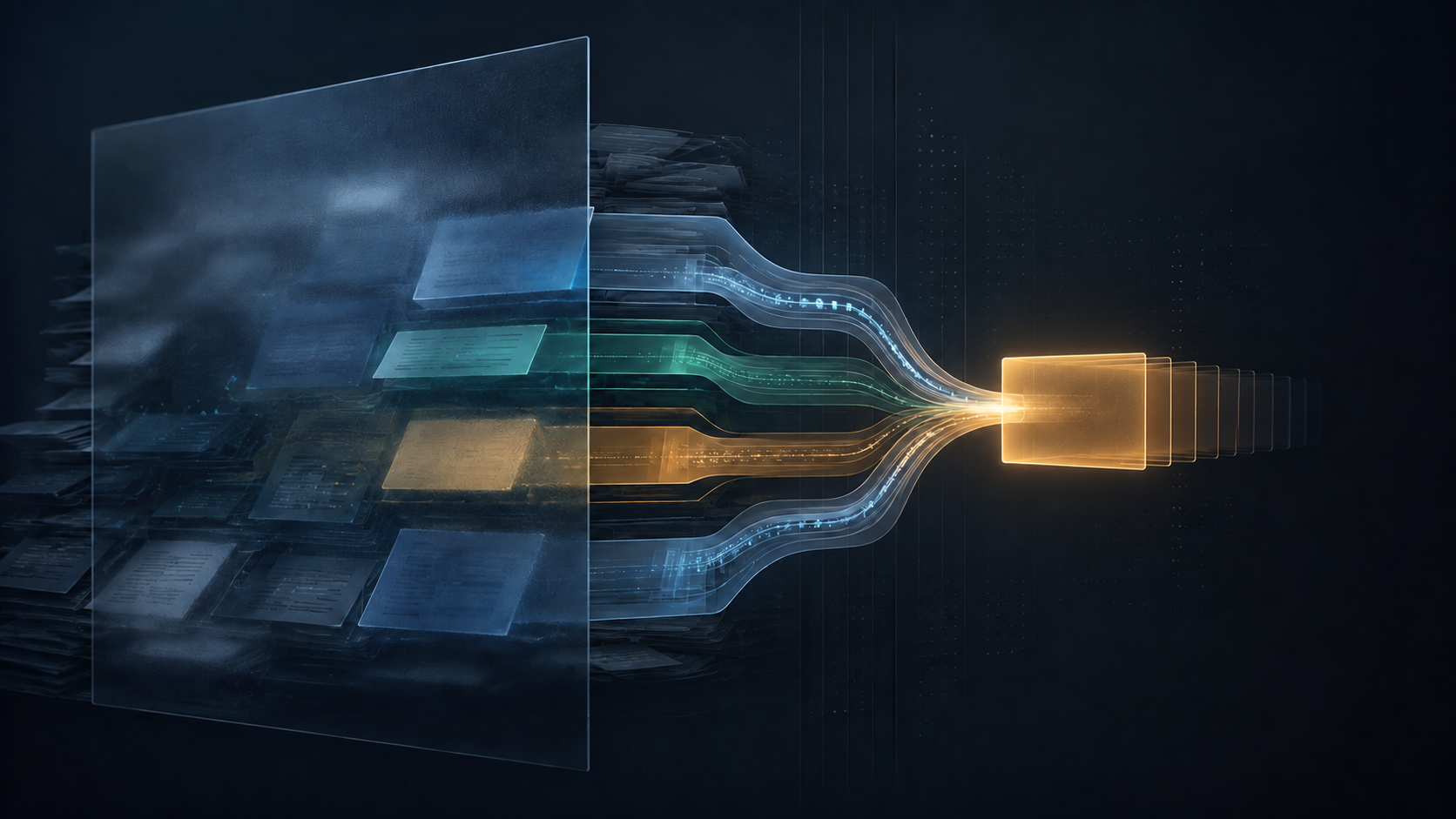 Layered agreement records remain obscured behind frosted glass while several product-allocation streams converge into one smaller illuminated module.