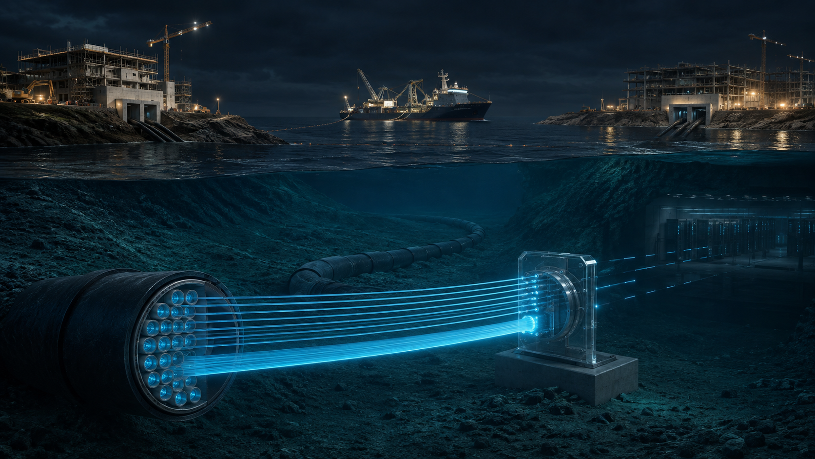 A cutaway submarine cable carries a reserved band of light toward a transparent commissioning gate while landing stations remain under construction.