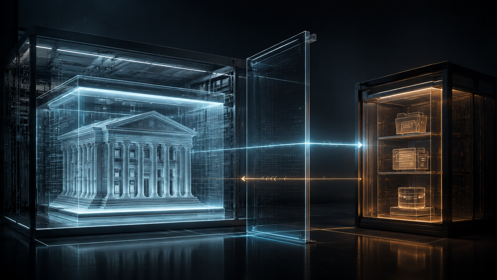 A cyan registry archive and amber holder data cabinet exchange query paths across a transparent authority seam while remaining visibly separate.