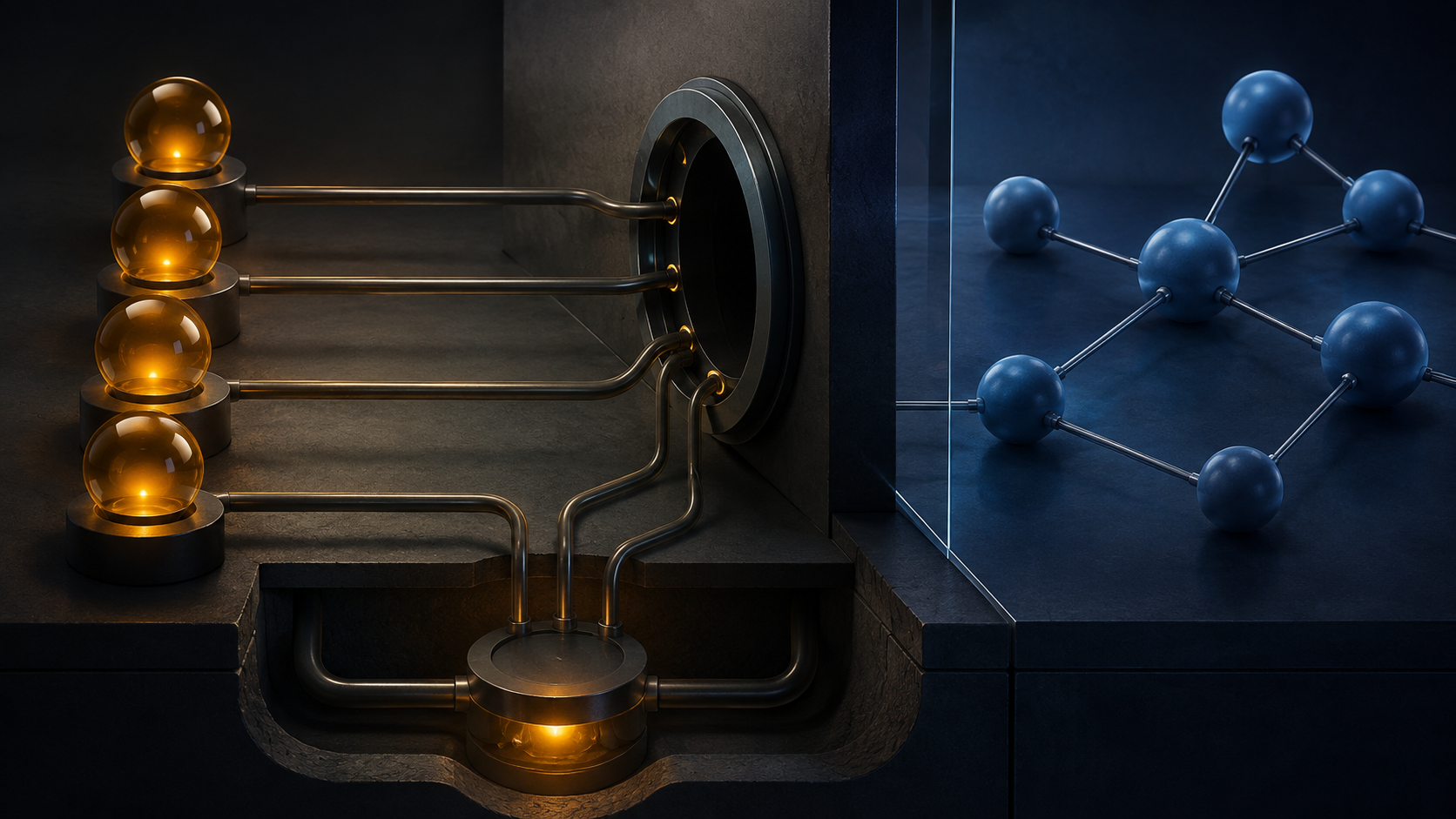 Four amber approval nodes feed a registry gate while concealed conduits converge on one shared control hub beneath the surface.