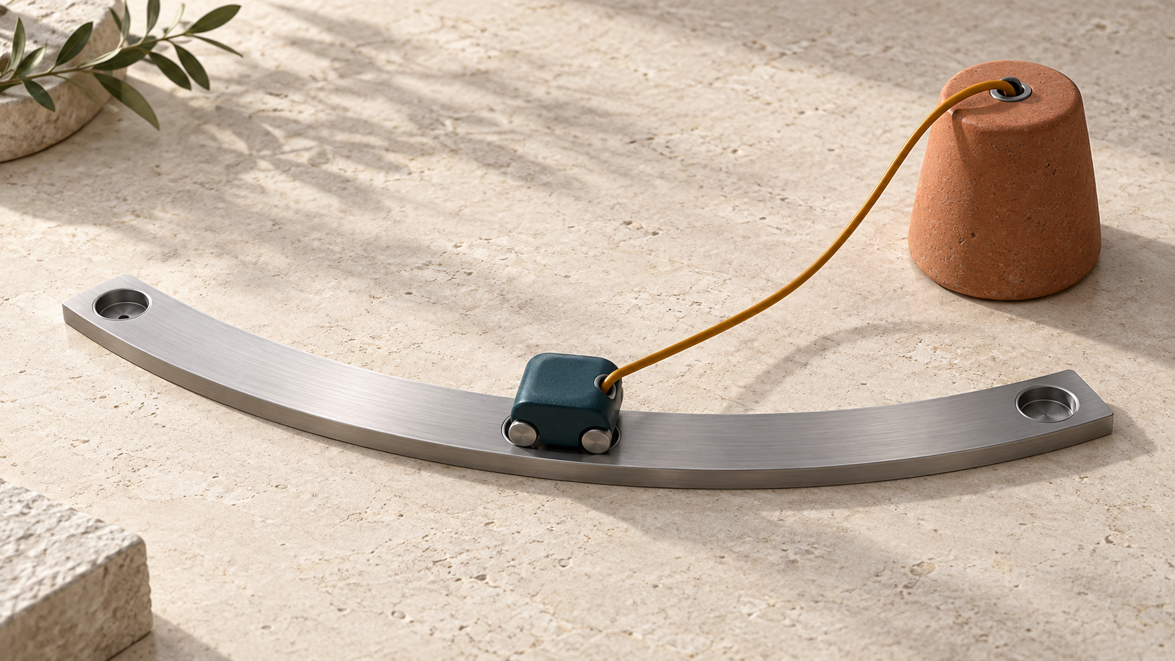 A teal carriage on a curved metal rail remains connected by an amber cable to a terracotta anchor.
