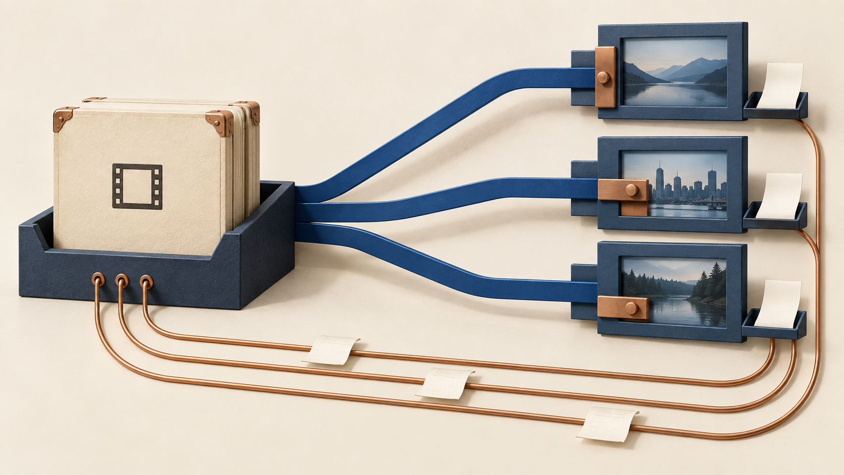 One video master tray feeds three separate displays while individual copper return paths carry delivery receipts back to the sender.