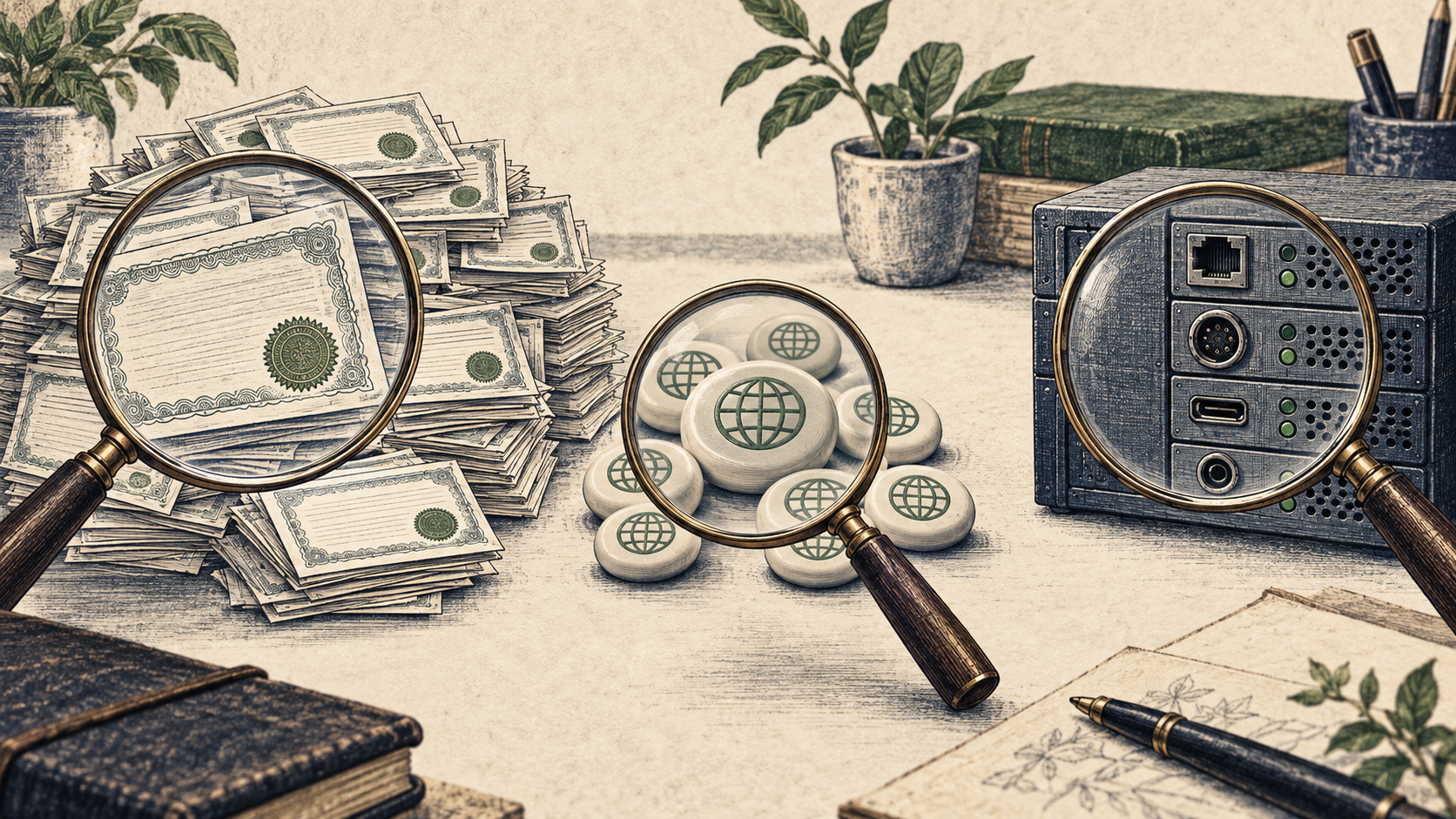 Separate magnifying lenses examine certificate cards, address tokens and server sockets.