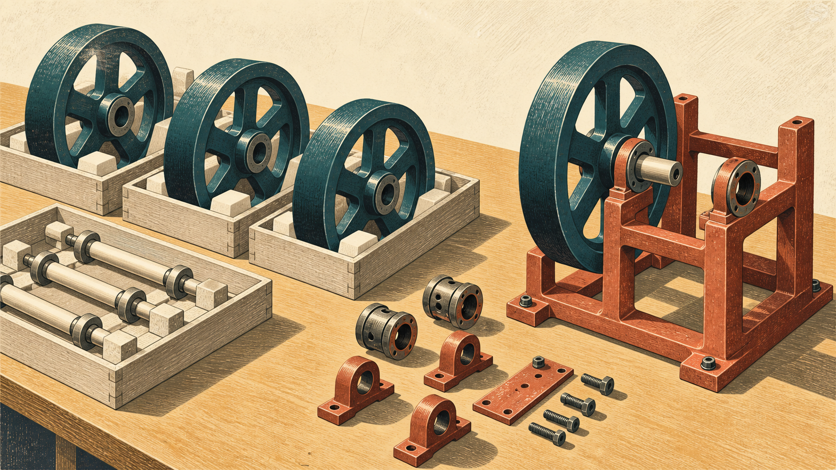 Teal flywheels and ivory shafts rest in protective trays beside a terracotta machine frame awaiting further assembly.