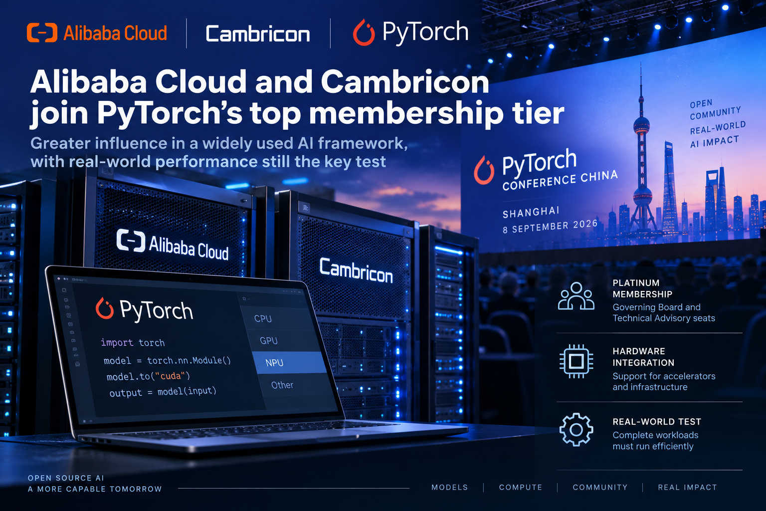 Editorial illustration of Alibaba Cloud and Cambricon joining the PyTorch Foundation as Platinum members at PyTorch Conference China
