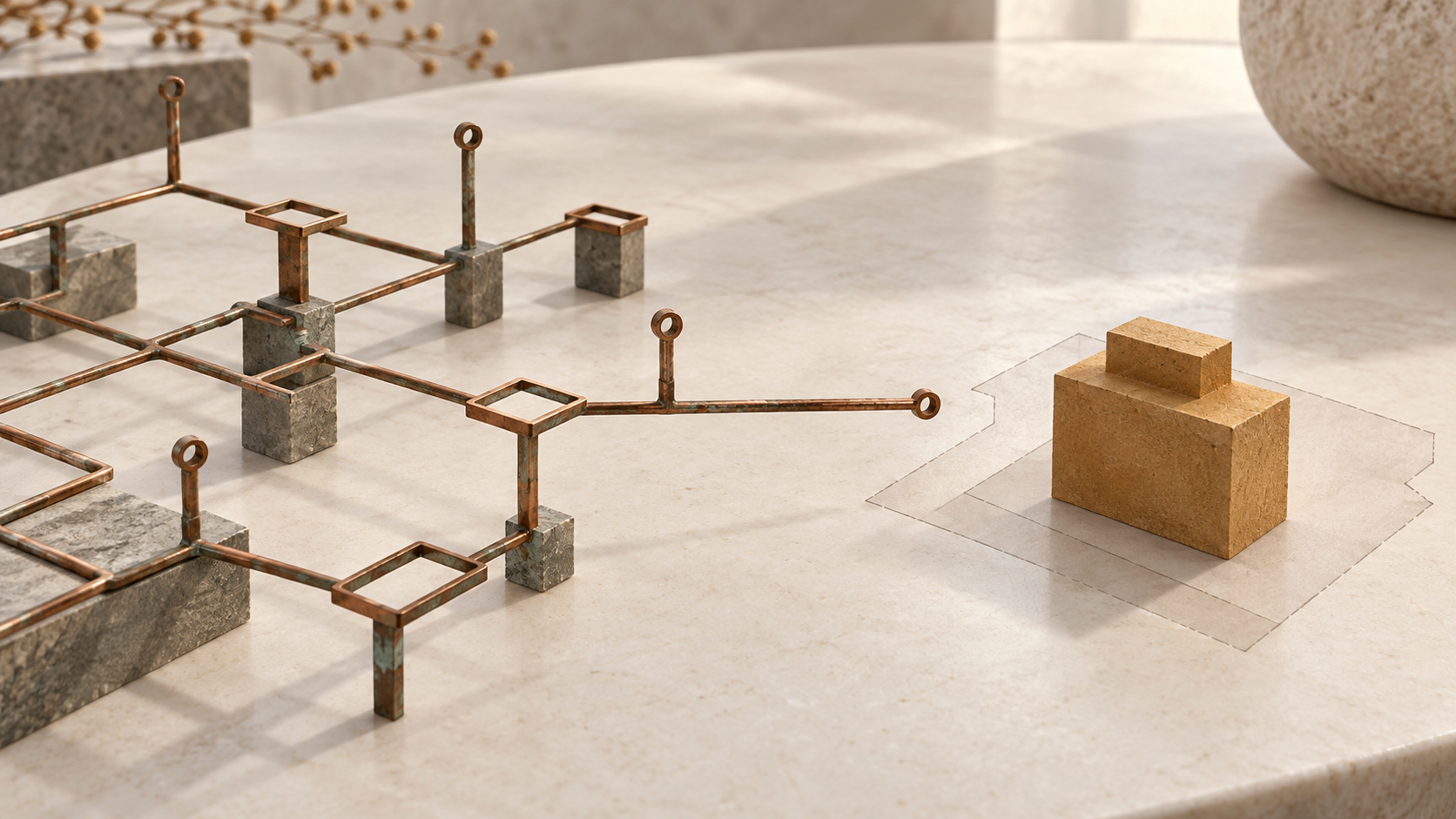 An open copper framework on stone supports ends before a separate ochre building model on a translucent footprint.