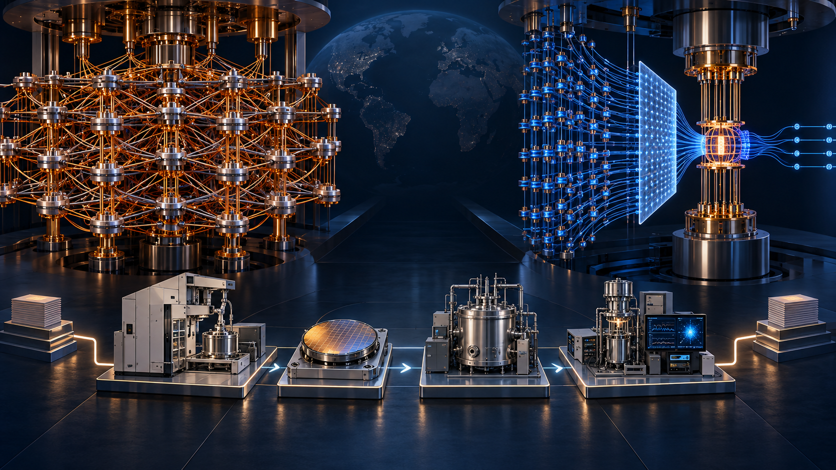 Two distinct quantum systems flank an industrial path from fabrication tools to calibration and benchmarking.