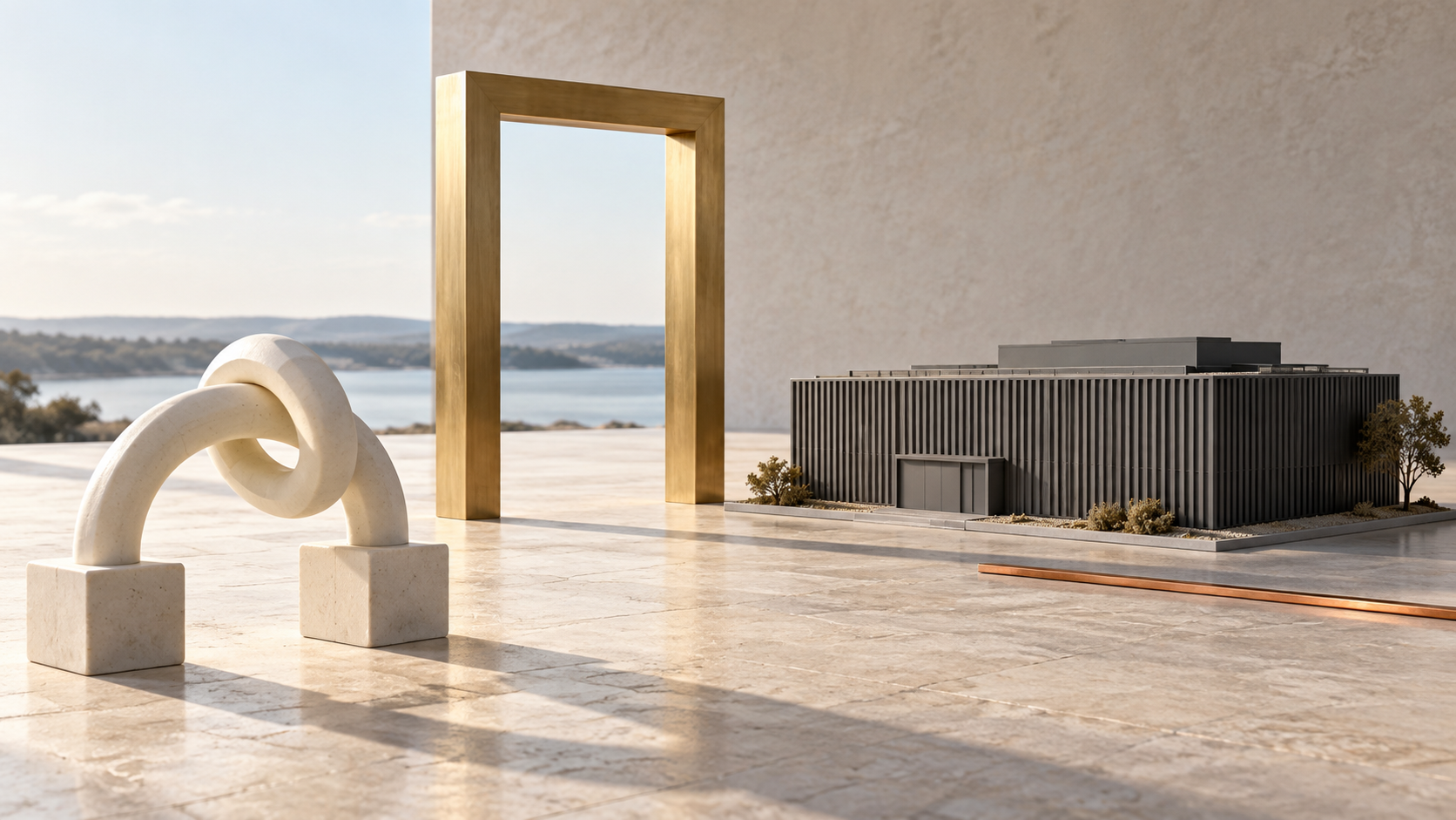 An ivory arch and interlocked loop, open brass doorway and graphite data-centre model stand on a pale stone floor beside a copper strip.