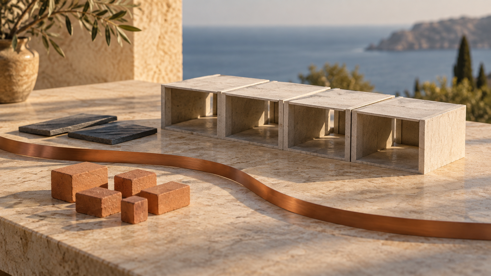 Four open-front stone model bays and two slate panels sit beside a curved copper ribbon and a separate group of terracotta blocks.