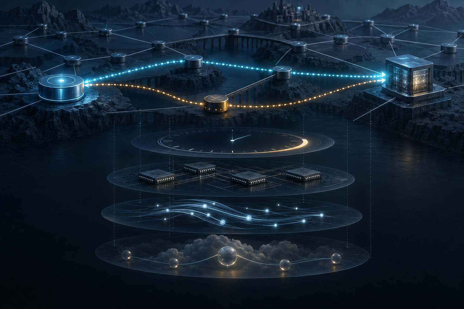 Two state-report paths connect a network headend to a controller above separate clock, forwarding, traffic and service evidence layers.