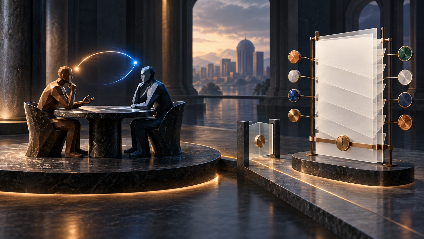 Two faceted speakers exchange amber and blue arcs beside a separate stack of blank document layers linked through a verification gate