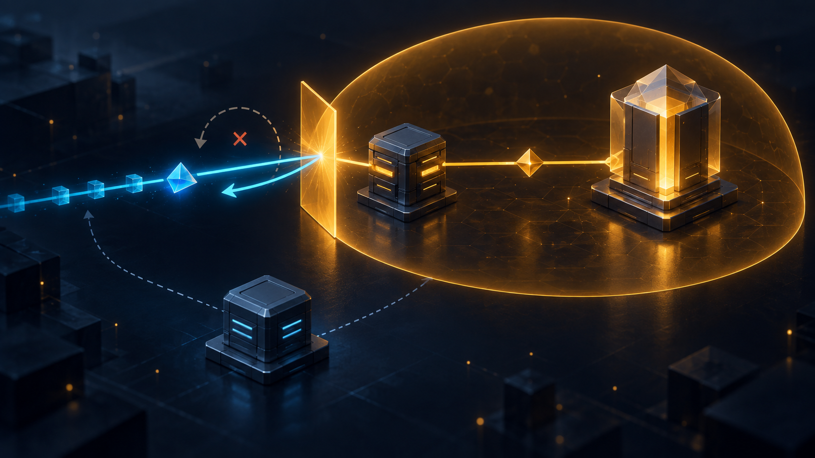 A cyan purpose-bearing request is turned back by a gateway delegated to a glowing origin while an unconnected transit proxy remains outside the authority field