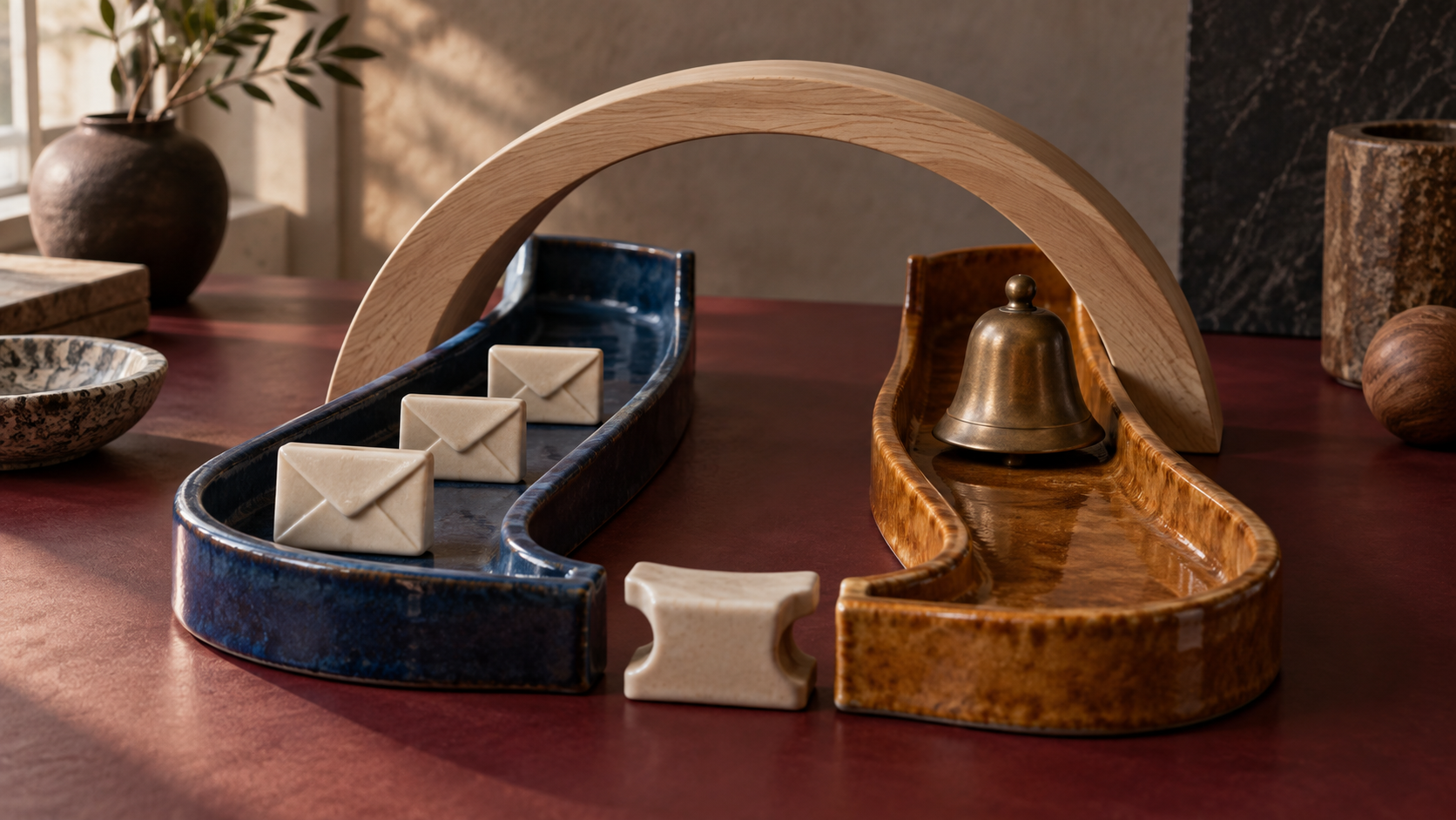 A timber arch spans separate blue and amber ceramic channels holding envelope sculptures and a bell, with a loose connector in front.