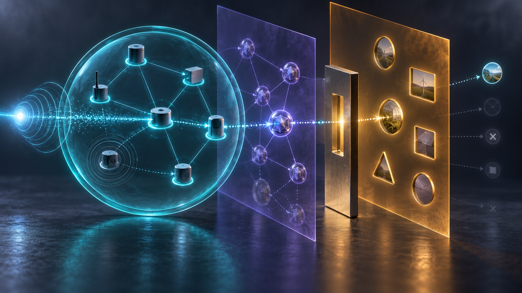 Three offset planes separate a cyan multicast device ring, a violet identity lattice and an amber resource boundary with its own authorization gate.