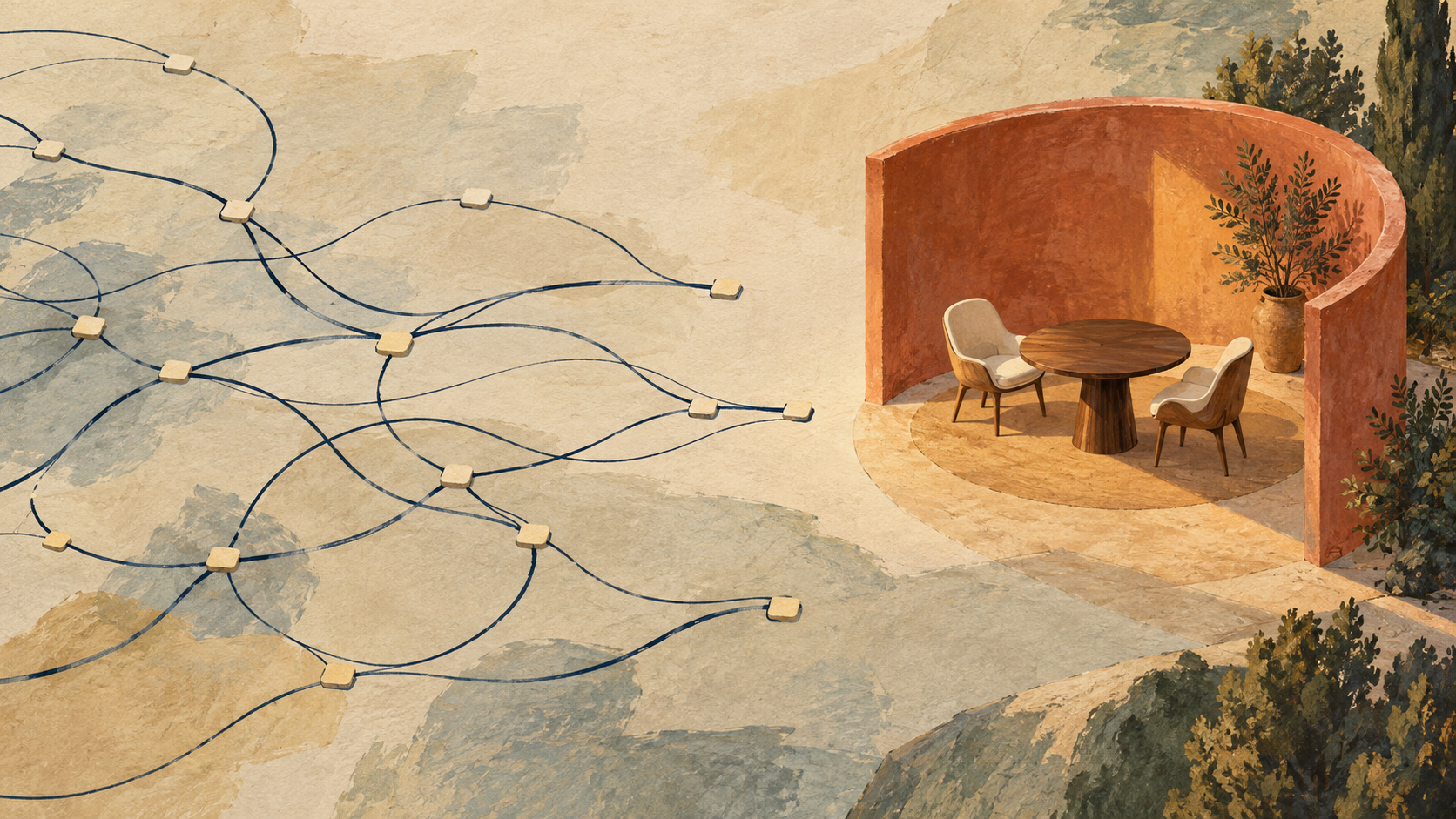 Indigo network lines and plain location tiles approach an open terracotta alcove with a round table and two empty chairs.