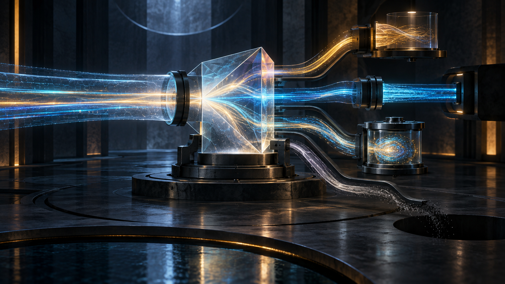 A translucent observation prism splits one protected light stream into several custody channels, one of which fades into an unverified dark gap.