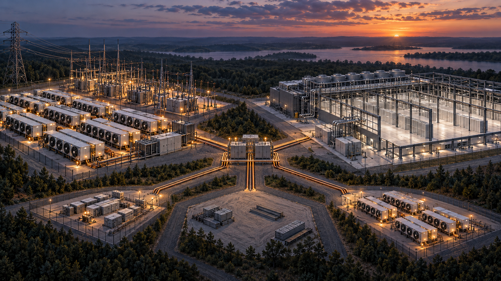 Conceptual powered campus where active mining modules, a central decision junction and an unfinished AI data-centre shell represent MARA and Starwood’s site-level conversion options.