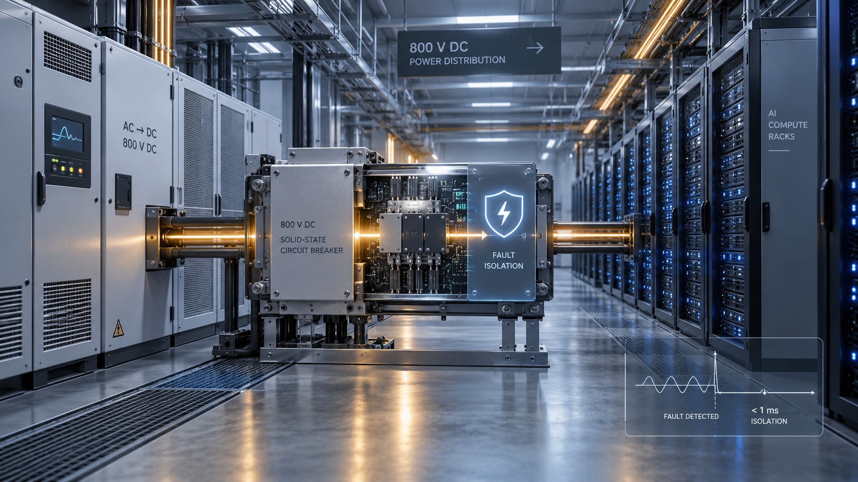 Editorial illustration of an 800V DC solid-state circuit breaker protecting power distribution between conversion equipment and AI computing racks.
