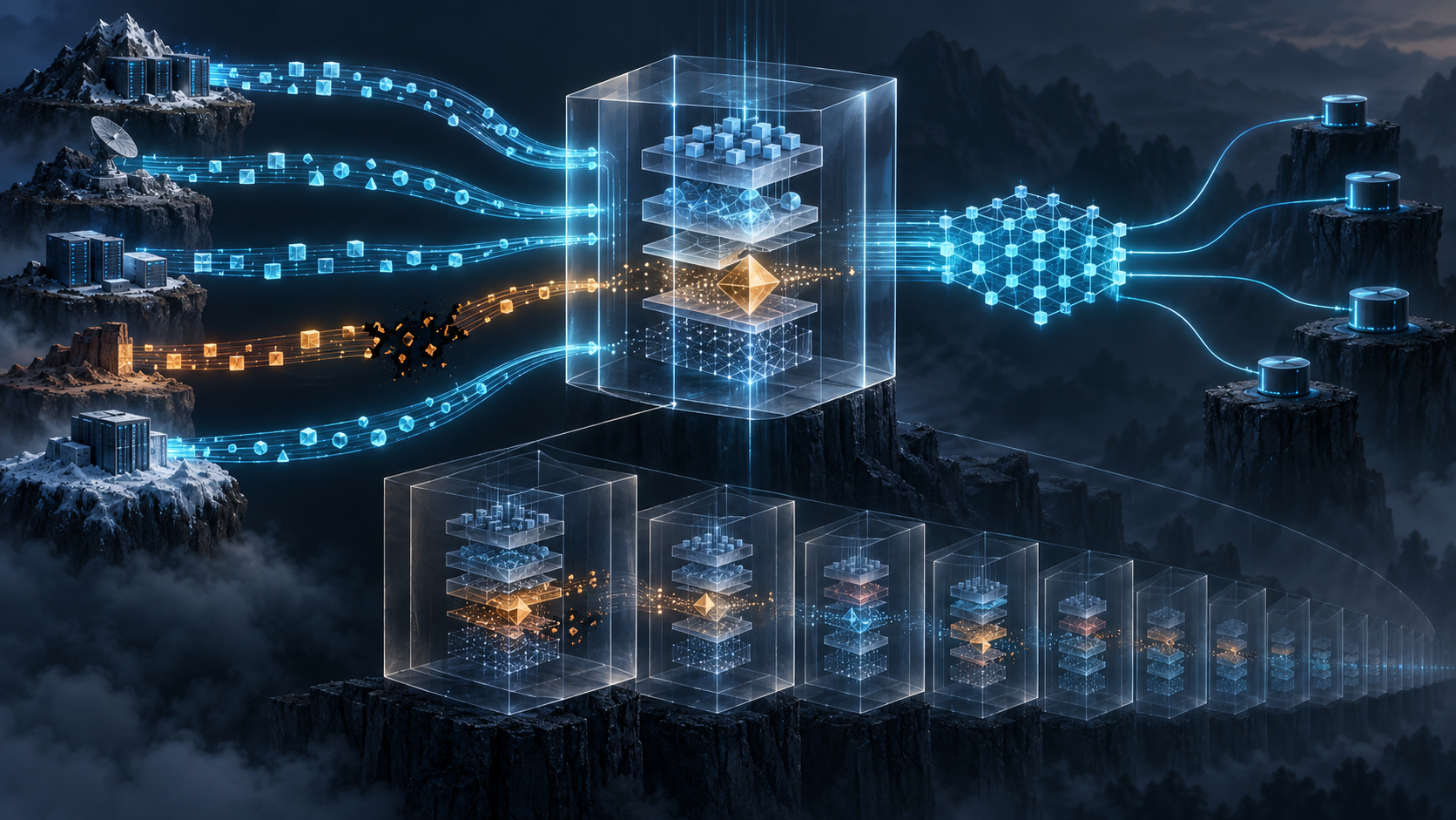 Distinct repository evidence streams enter a translucent RPKI validator, including one retained amber failure, while a separate local-policy layer shapes a cache lattice delivered to routers above a receding history of prior states.