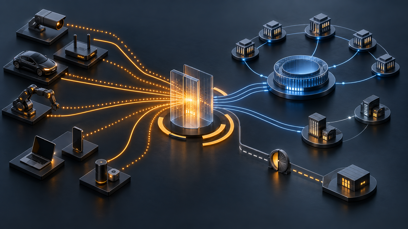 Connected product models send amber security signals through one glass gateway toward blue national coordination nodes, with one gated side route