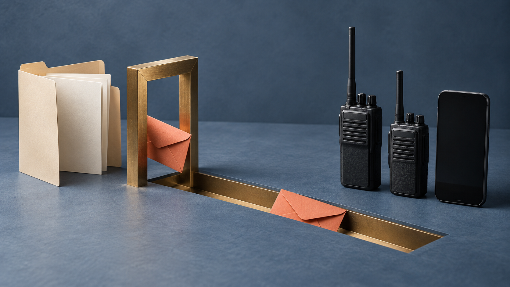 Coral envelopes pass through a brass doorway beside a blank folder, two unbranded radios and a dark-screen handset.
