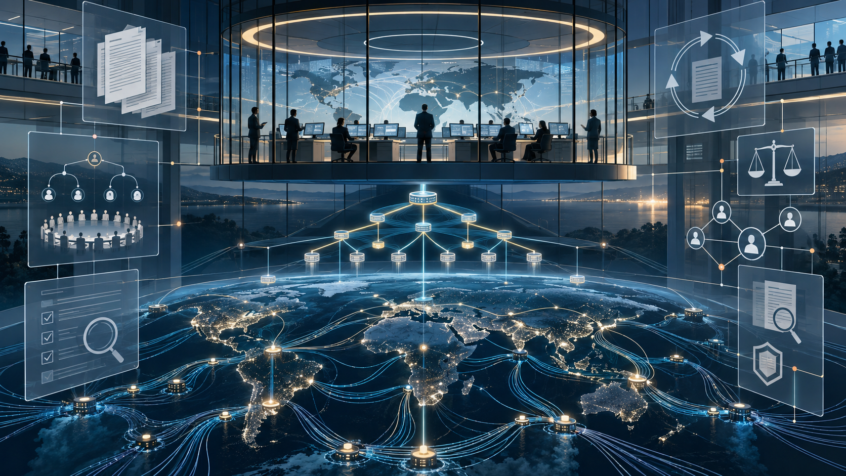 Abstract institutional control room overlooking a global DNS root and interconnected network pathways, representing ICANN’s governance, accountability and review mechanisms.