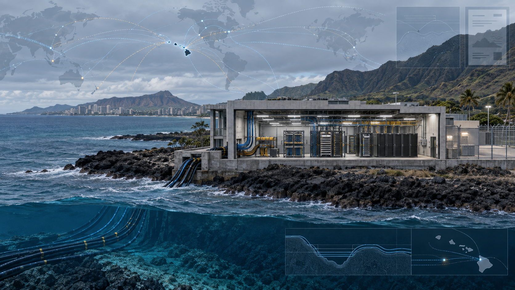 Editorial illustration of a neutral island internet exchange facility in Hawaii with physical fiber paths and separate abstract routing-visibility lines.