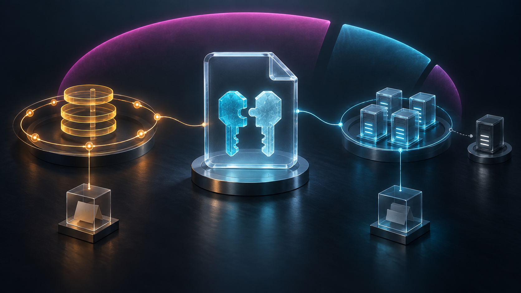 A translucent file holds two matching cyan key forms while an amber DNS ring, a server cohort with one excluded node, and a divided privacy halo remain outside it.